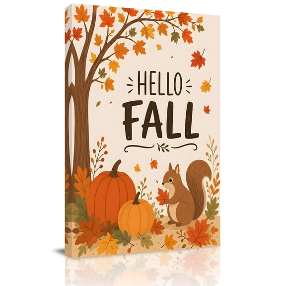 Canvas Wall Art, Thanksgiving Fall Framed Canvas Prints for Living Room Dining Room, Orange Pumpkin Squirrel Maple Tree Extra Large Gallery Wrapped Wall Decor for Home Office, Gifts, 22"x28"