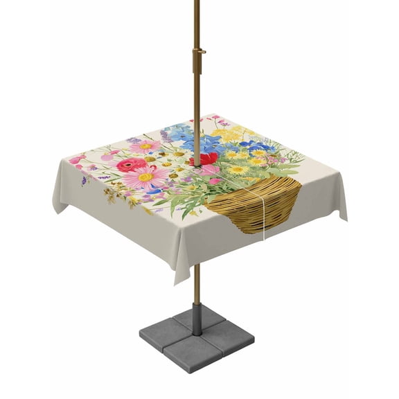 Outdoor Tablecloth with Umbrella Hole for Patio/Picnic/Party/Camping, Spring Flowers Basket Waterproof Table Cloth Square Cover Washable, Vintage Colorful Floral (60"x 60")