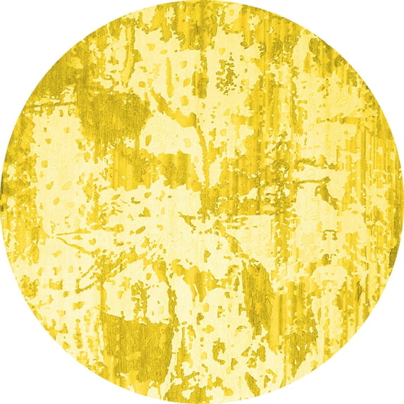 Ahgly Company Machine Washable Indoor Round Abstract Yellow Contemporary Area Rugs, 4' Round