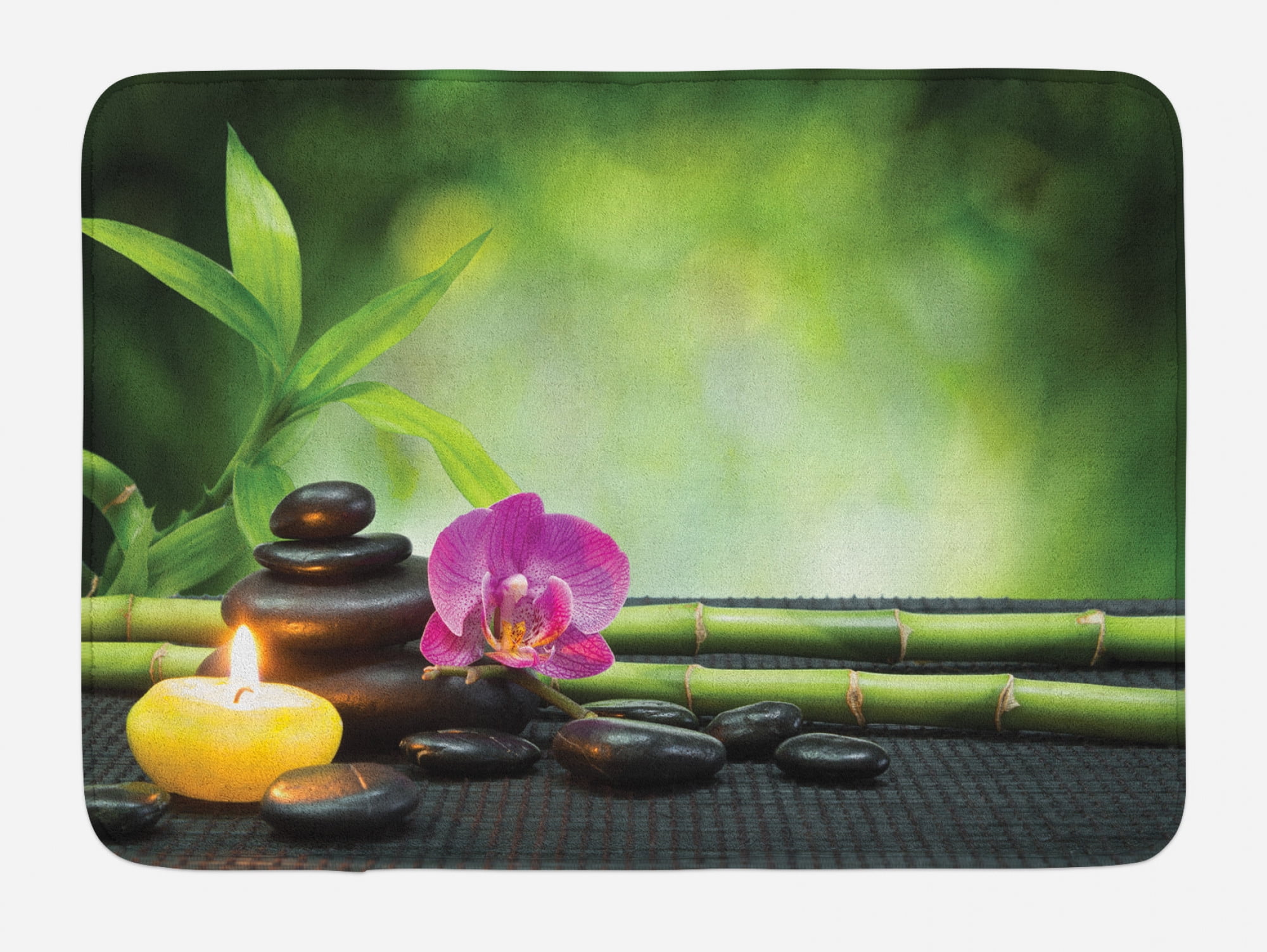 Spa Bath Mat, Orchid Bamboo Stems Stones Japanese Alternative Feng Shui