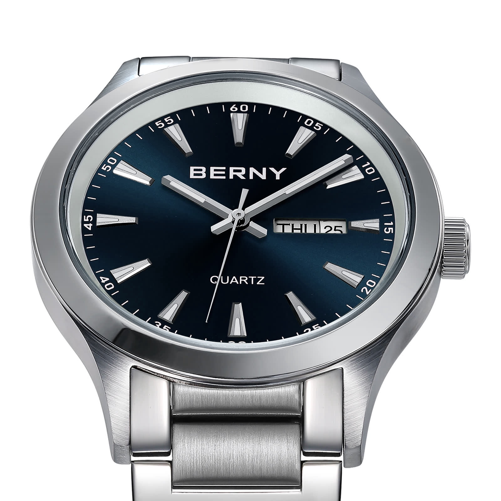 BERNY Quartz Watch for Men, Fashion Sports Wrist Watches with Solid Stainlesss Steel Case & Band, Date & Day Calendar, Casual Waterproof Men's Watches, Blue