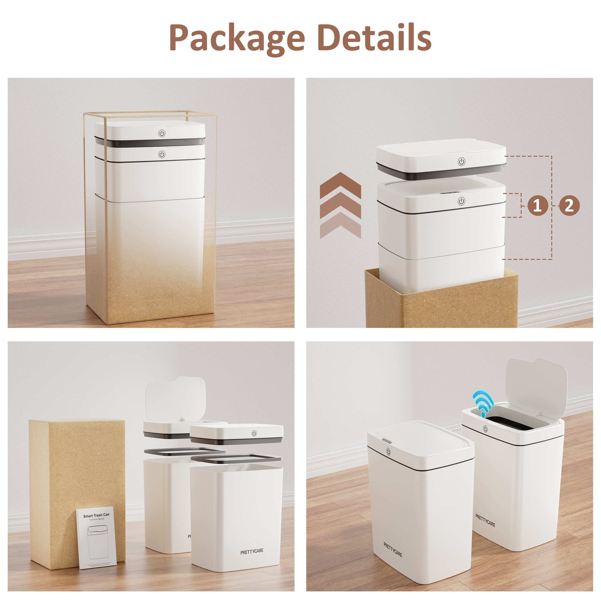 PrettyCare 2 Packs Trash Cans, 4.6 Gal Automatic With Lid Touchless Small Plastic Garbage Can, for Kitchen,Living Room,Bedroom, Bathroom, White, GW01