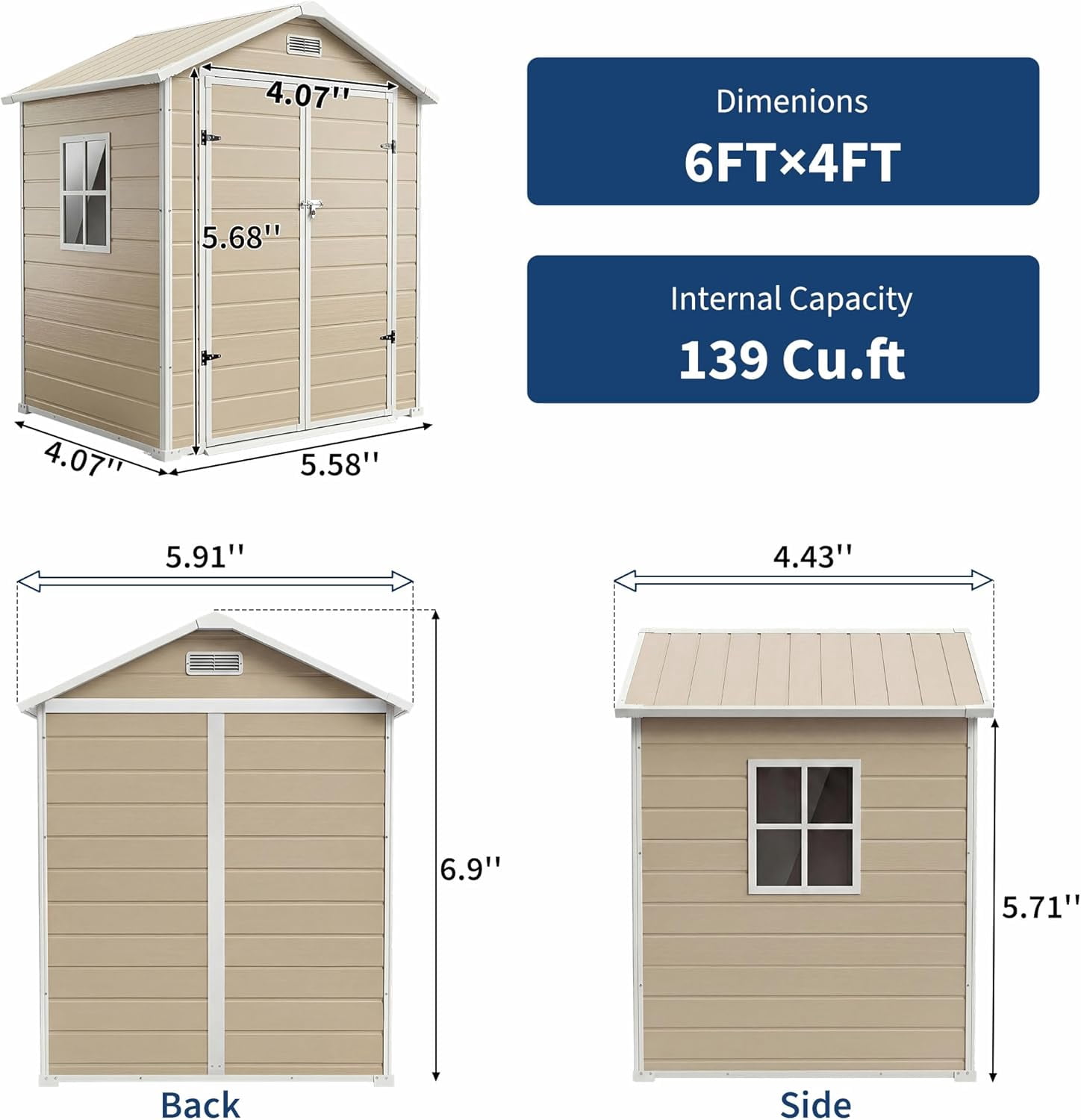 6x4 FT Outdoor Storage Shed with Floor, Plastic Resin Garden Shed with Window & Sloping Roof & Lockable Door for Patio Backyard Garden, Lawn Mower, Bike, Tool Storage