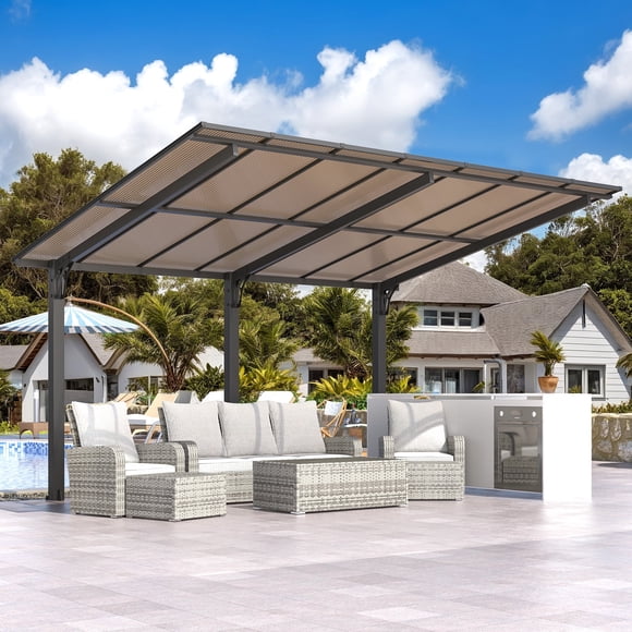 AECOJOY Gazebo 4,27 m X 3,05 m, Pergola Extérieure Murale à Toit Rigide avec Structure en Aluminium pour Patio, Véranda et Jardin, Couleur Noire