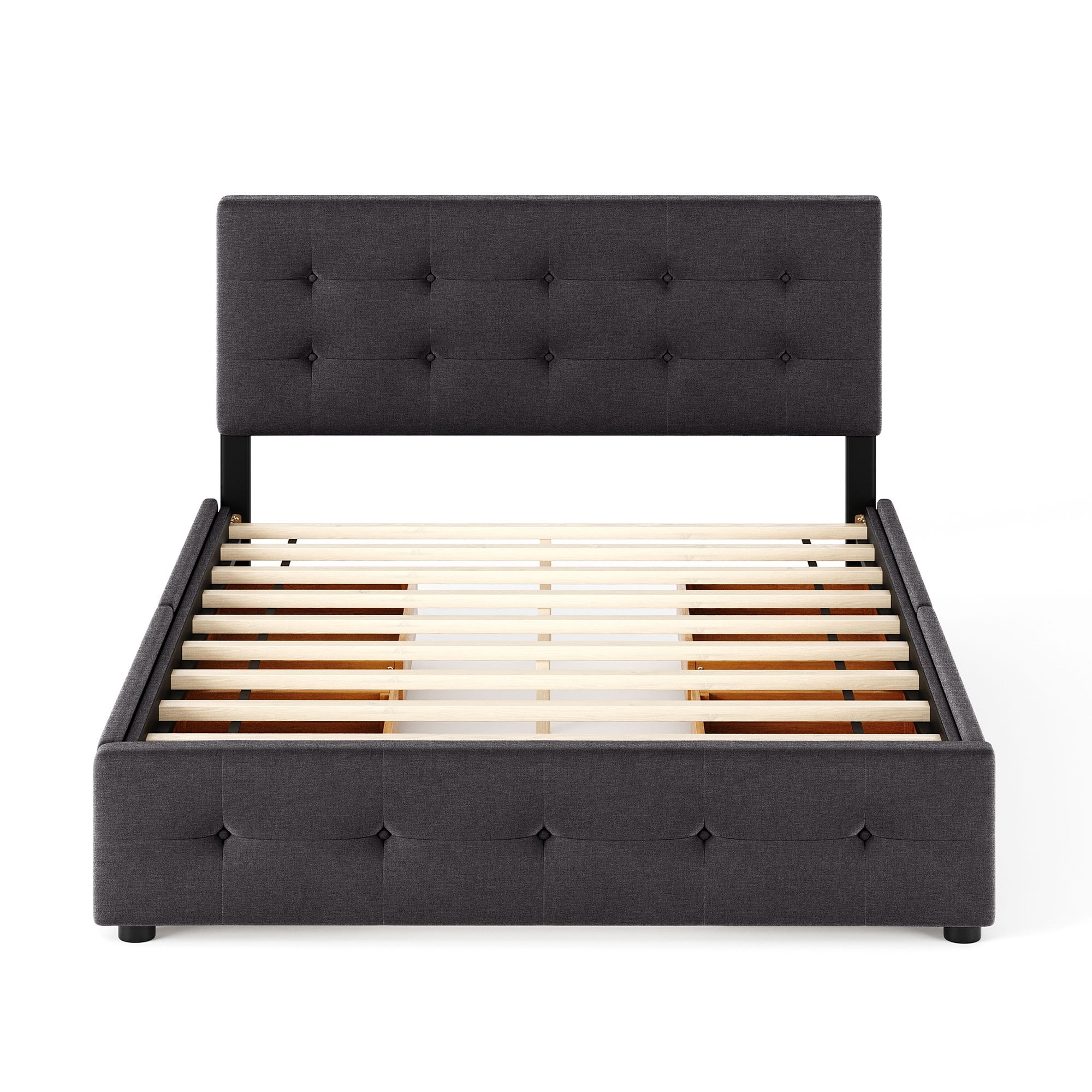 PAPROOS Queen Storage Bed Frame with 4 Drawers, Upholstered Platform Bed with Tufted Button Headboard, No Box Spring Needed, Heavy Duty Queen Size Bed Frame for Adults, Holds 500lbs, Light Gray