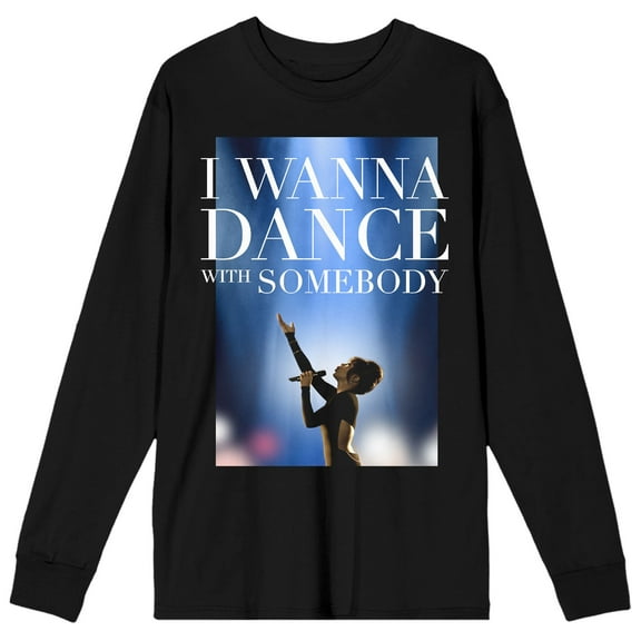 Whitney Houston I Wanna Dance With Somebody Singing Photo Crew Neck Long Sleeve Black Adult Tee-Small