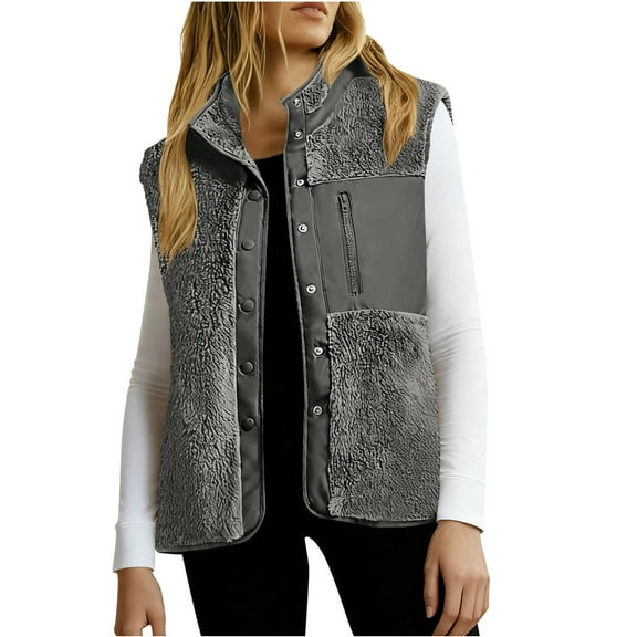 CYRBOKO Fleece Vests for Women, Sleeveless Snap Closure Thermal Stylish Fall and Winter Outerwear Gray Size M