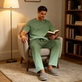 thumbnail image 2 of Dwelliawo Men 2 Piece Pajama Set Modal Crewneck Short Sleeve T-Shirt Long Pants Oversize Tall Loungewear Comfort Sleepwear With Pockets For Home Street Dark Green L, 2 of 7