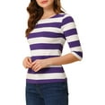 thumbnail image 4 of INSPIRE CHIC Women's Striped Shirts Slim Fit Elbow Sleeves Boat Neck T-Shirt XL Purple White, 4 of 6