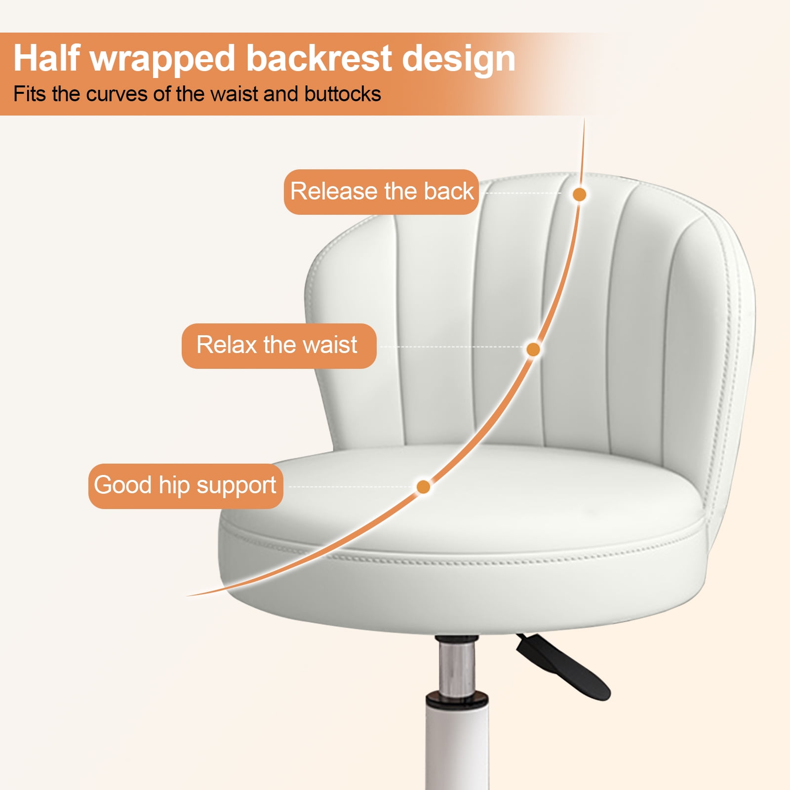Small Round Rolling Chair with Back PU Leather Height Adjustable，Swivel Vanity Work Computer Stool for Girls and Women，White