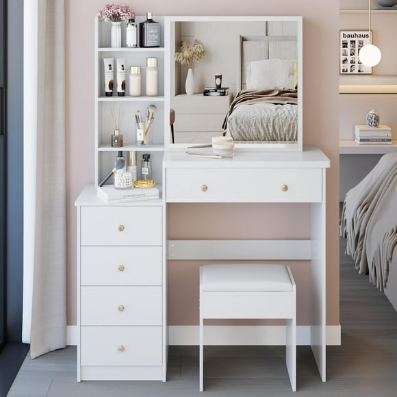 37" Vanity Desk with Mirror,2025 New Makeup Vanity Desk with Storage Drawers,Shelves for Bedroom(White)