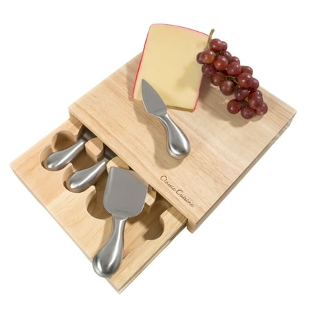 Gold Natural Wood Cheese Board - Cheese Board 5 piece Set with Stainless Steel Tools and Wood Cutting Block for Every day, Entertaining, Picnics, Gifts 8.6 x 8.25 by Classic Cuisine