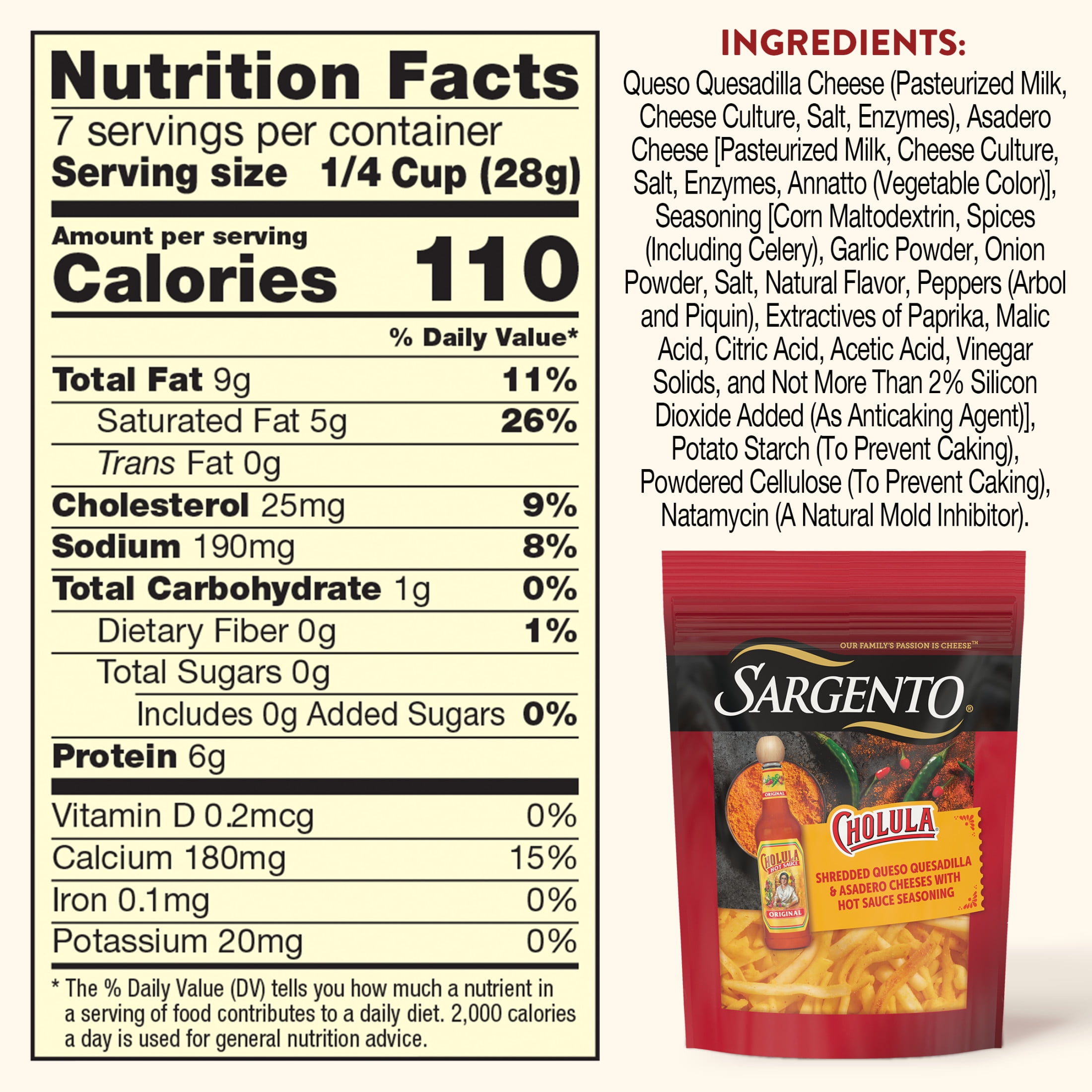 Sargento Cholula Refrigerated Natural Queso Quesadilla & Asadero Shredded Cheese with Hot Sauce Seasoning, Traditional Cut, 7 oz
