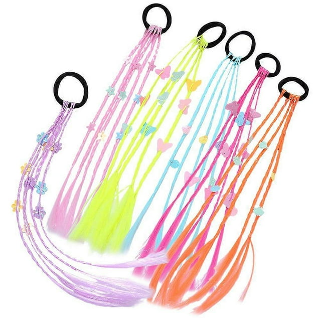 6pcs Kids Girls Hair Extension Colorful Braided Wigs Ponytail Hair Bands Headwear