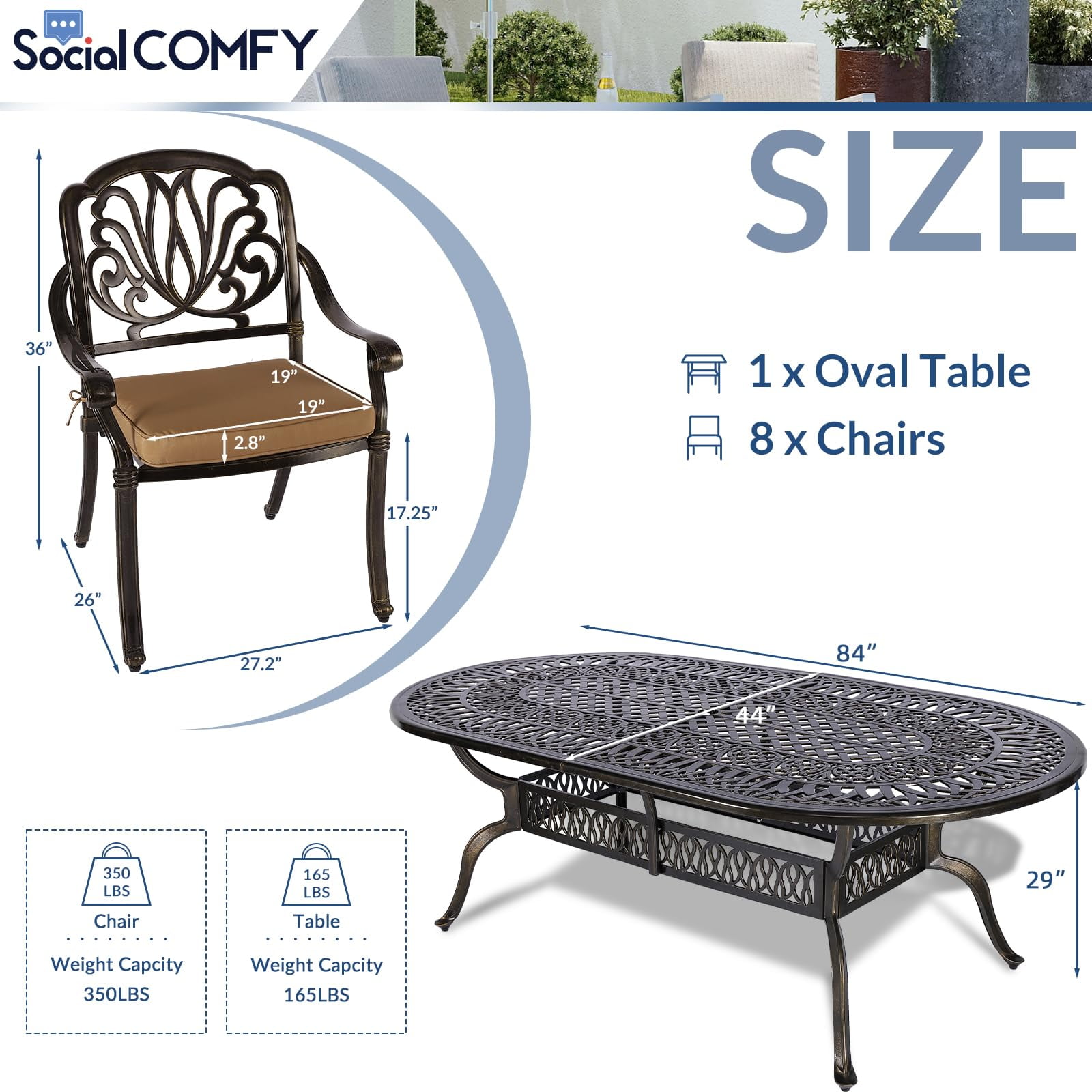 9-Piece Patio Cast Aluminum Dining Set, Outdoor Dining Furniture Set for 8 Person, includes 84" Oval Table and 8 Cushioned Chairs with Umbrella Hole for Patio Deck Garden, Tan