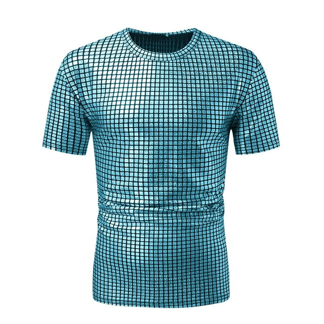 Tee-Shirt à Sequins pour Hommes Manches Courtes Métalliques Col Rond Fête de Boîte de Nuit T-Shirts Rétro Costume Disco Années 70