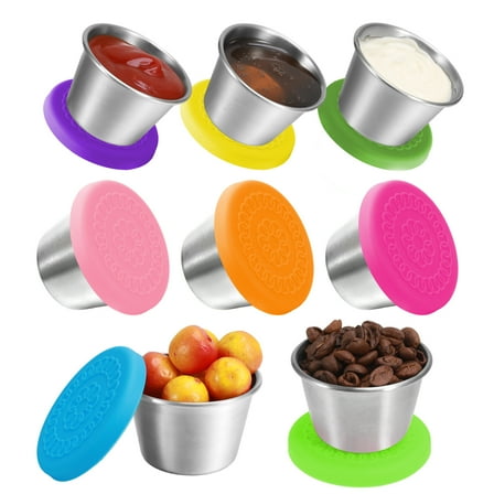 Bocaoying 8 Pack Salad Dressing Container To Go, 2.4 oz/70ml Reusable Small Condiment Containers with Lids, Leakproof Silicone Lids Stainless Steel Sauce Cups Containers for Lunch Box, Picnic, Travel