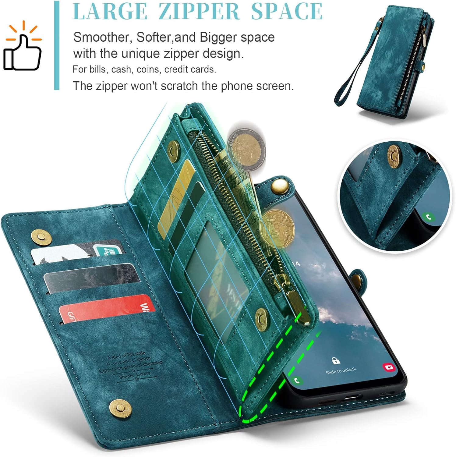 Phone Case for Samsung Galaxy A14 5G Zipper Wallet Detachable Cover with Tempered Glass Screen Protector and Leather Flip Credit Cash Card Holder Cell Accessories A 14 4G 14A G5 Women Men Blue