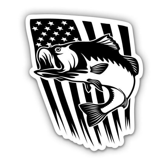 Bass Fishing American Flag - 5 inch Vinyl Sticker - for Car Laptop I-Pad - Waterproof Decal