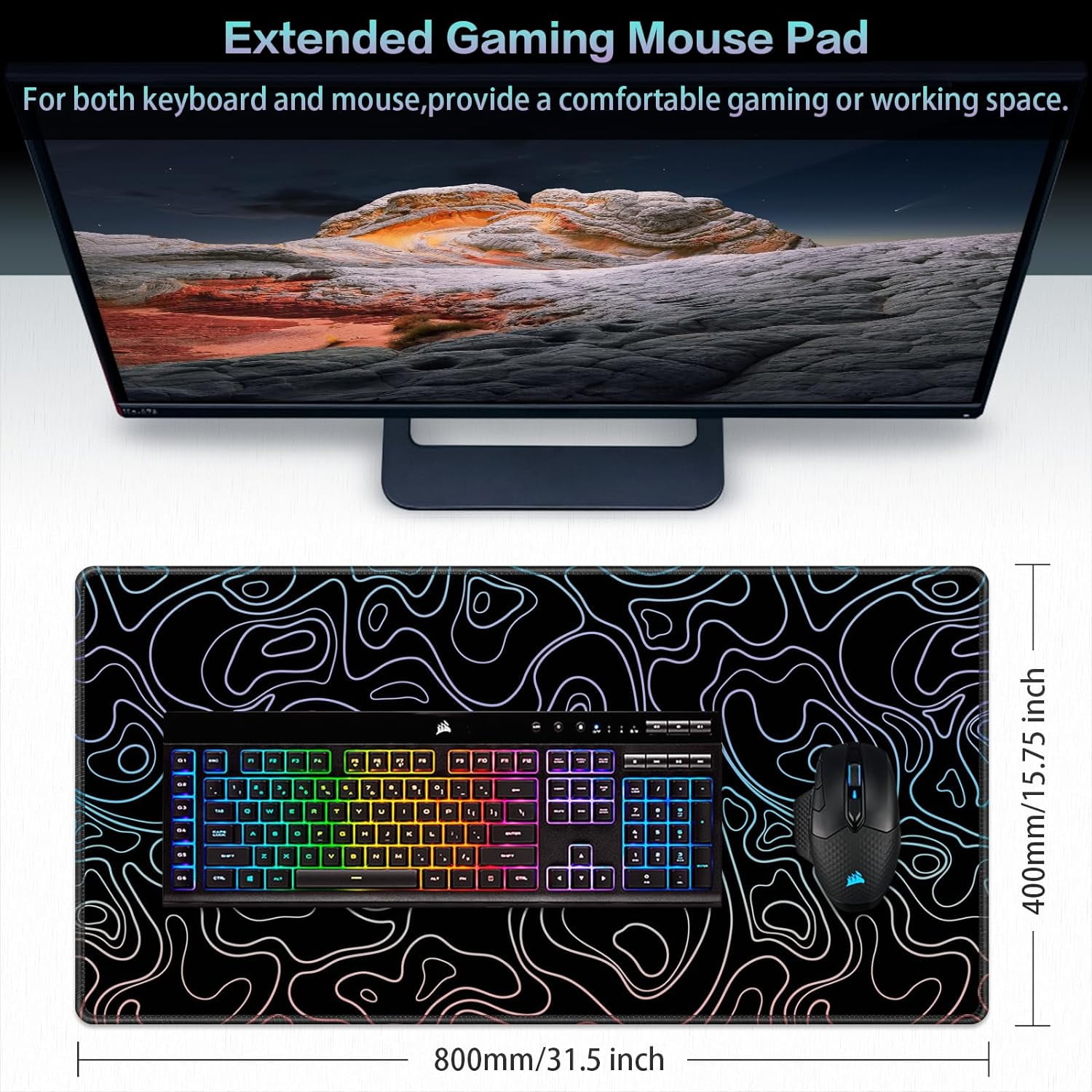 Gaming Mouse Pad, Topographic Contour Mouse Pad 31.5x15.7inch Large Extended Computer Mouse Mat Keyboard Full Desk Mousepad for Gaming, Office, Home