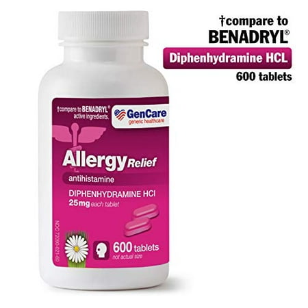 GenCare - Allergy Relief Medicine | Antihistamine Diphenhydramine HCl 25mg (600 Tablets Per Bottle) Value Pack | Relieve for Itchy Eyes, Sneezing, Runny Nose | Seasonal or Indoor & Outdoor