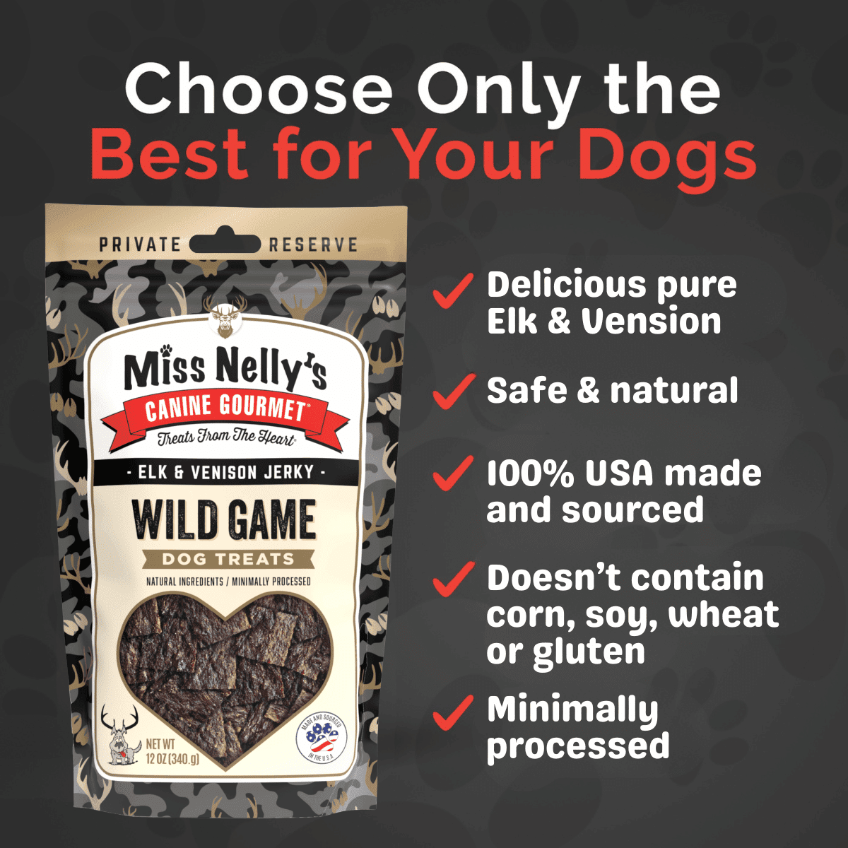 Miss Nelly's - Heart of The Wild – All Natural Elk & Venison Jerky Dog Treats - Made in USA Only - Minimally Processed Real Meat Treats - 12 oz