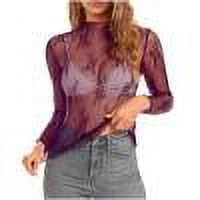 BSDJILFG Women s Lace Tops Sexy Embroidery Mesh Sheer High Neck T-shirt Lingerie Nightwear