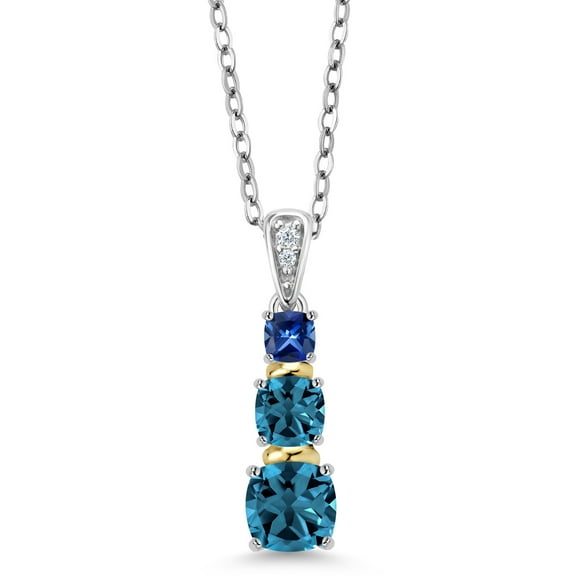 Gem Stone King 925 Silver and 10K Yellow Gold London Blue Topaz Blue Created Sapphire and Diamond Pendant Necklace for Women (2.48 Cttw, with 18 inch Chain)