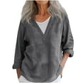 thumbnail image 3 of lcziwo Long Sleeve Shirts for Women Loose Fit Cotton Linen Beach Tops Solid Color Dressy Casual V Neck Pulllover Blouse Vacation Outfits Gifts for Mom Dark Gray S, 3 of 6