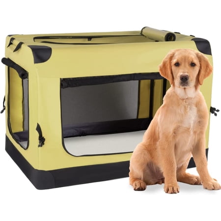 View of Portable Dog Crate 48IN for Extra Large Dogs with 3-Door Mesh Mat ...