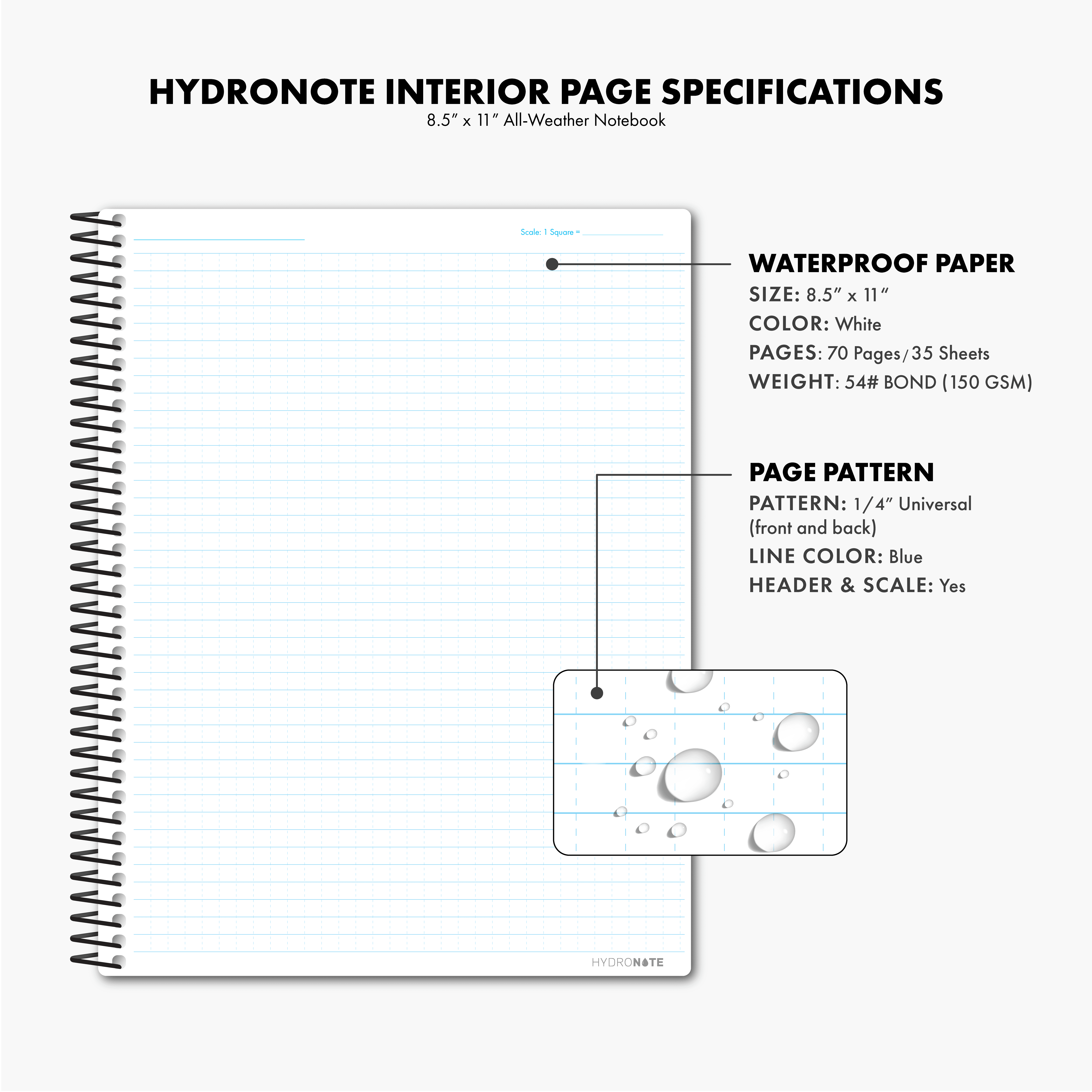 Hydronote Waterproof Side Spiral Notebook, Universal Page Pattern 11 x 8.75 x 0.5 (Hydro-Blue)