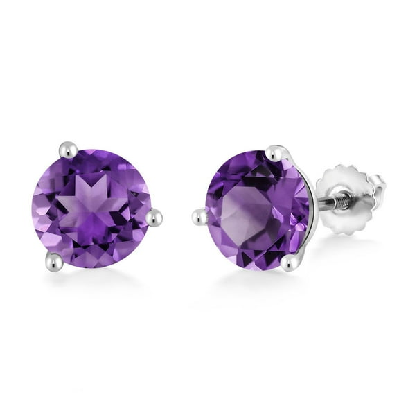 Gem Stone King 10K White Gold Purple Amethyst 3 Prong Martini Screw Back Stud Earrings for Women Men (3.40 Cttw, Gemstone February Birthstone, Round 8MM)