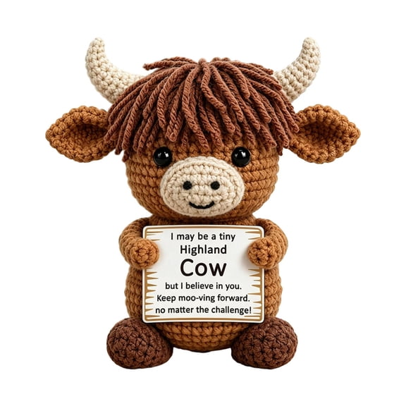 Stuffed Animal Hand Crocheted Mini Highland Cow Motivational Plush for Desk Shelf Home Decor Uplifting Present for Coworker Friend