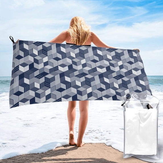 ZICANCN Microfiber Beach Towels, Abstract Cube Blue Stripes Quick Dry Bath Towels 27.5"x55" Inch Oversized for Adults Men Women
