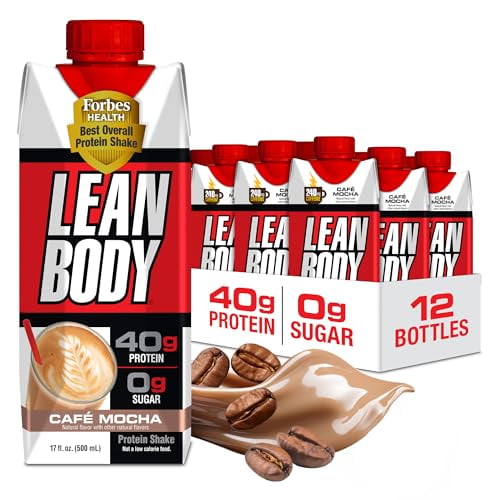 Batido de proteína de café moca listo para beber Lean Body, 240 mg de cafeína, 40 g de proteína, mezcla de suero, 0 azúcar, sin gluten, 22 vitaminas y minerales, (cartón y tapa reciclables, paquete de