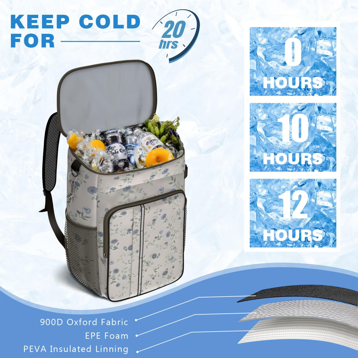 Travel Cooler Bag - Pioneer Flower Floral Print Pattern Camping Beer Cooler Backpack with Bottle Opener- Waterproof Insulated Picnic Backpacks - Cooler Bag for Beach