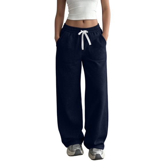 Womens Straight Wide Leg Pants Solid Color Loose Sweatpants Elastic Waist Drawstring Trousers with Pockets Fall Winter Comfortable Full Length Pants