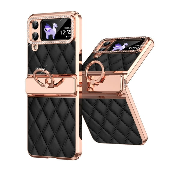 Dteck for Samsung Galaxy Z Flip 4 Case, Z Flip 4 Case with Ring Stand Hinge Protection PU Leather Hard PC Shell Ultra Thin Slim Durable Protective Case for Samsung Galaxy Z Flip 4 5G 2022,Black