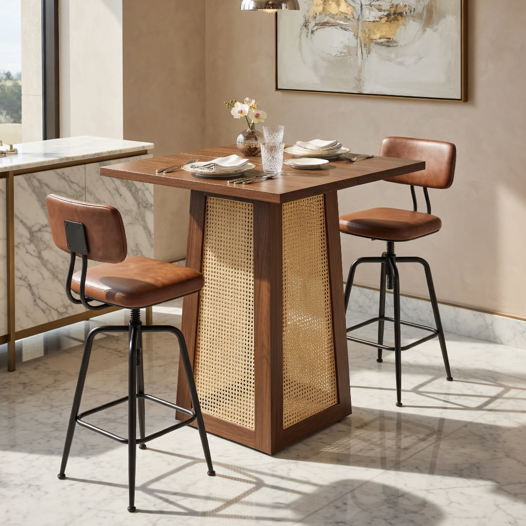Hommoo 31.5 Inch Square Counter Height Bar Table with Wood Top & Rattan Base, Pedestal Pub Table for Kitchen Island, Breakfast Nook, Small Apartment or Patio, Walnut