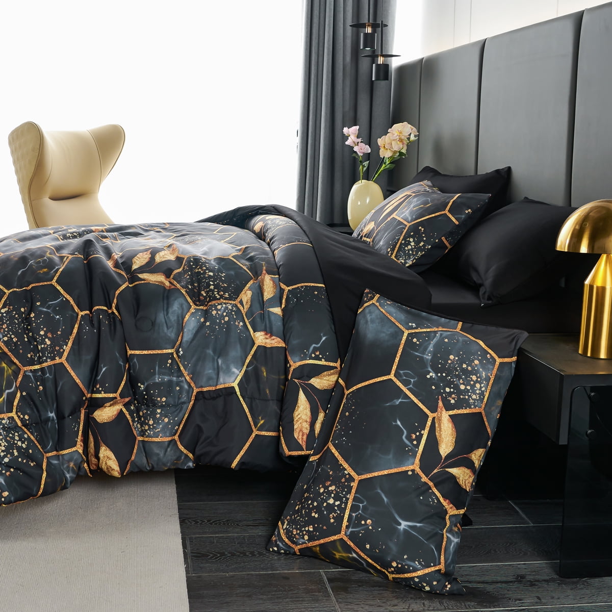 RYNGHIPY 3-Piece Black Comforter Set Full Size Honeycomb Hexagon Bedding Sets Black Gold All Season Marble Bed Set Full Down Alternative (Black Full)