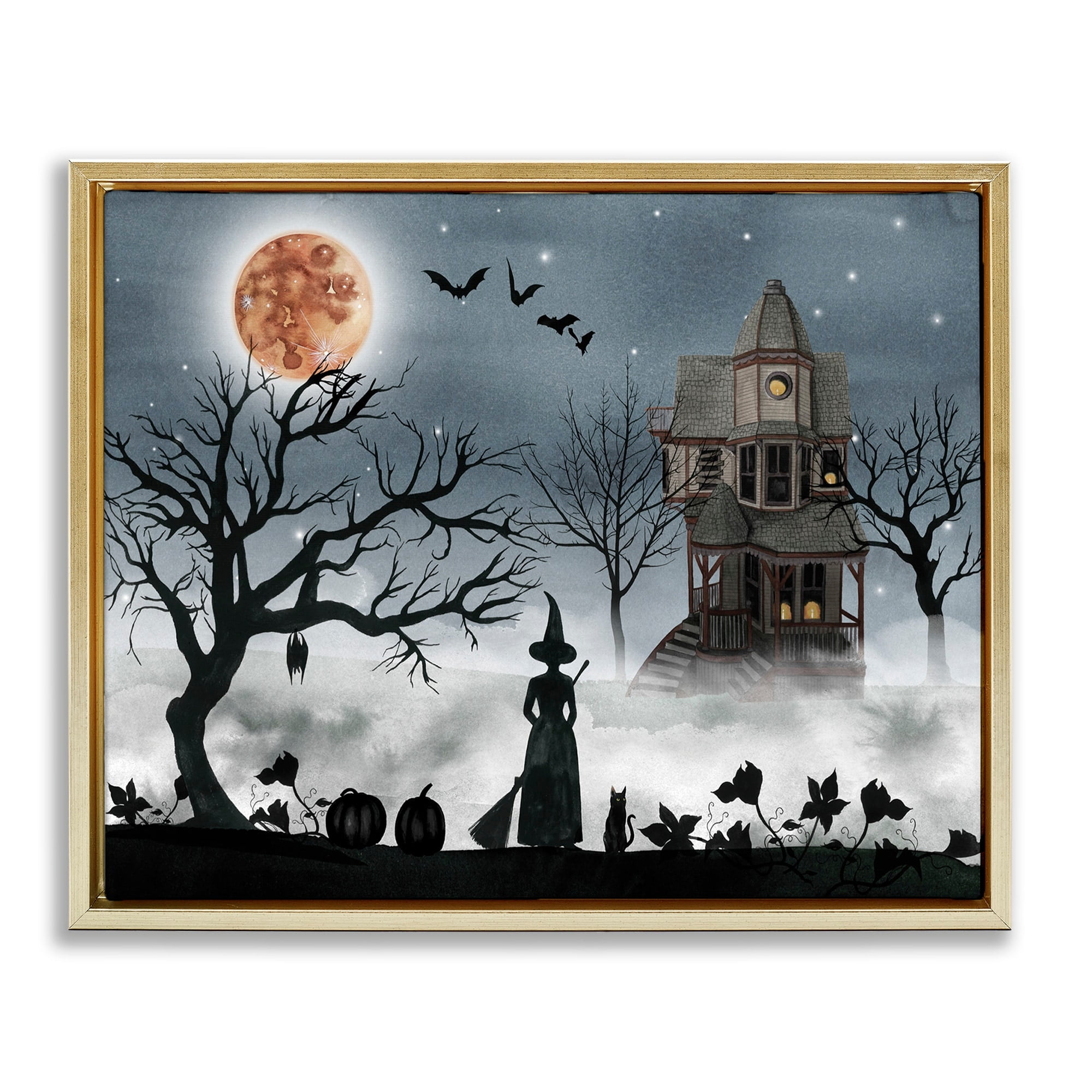 Stupell Industries Halloween Witch Silhouette in Full Moon Haunted House Scene Metallic Gold Framed Floating Canvas Wall Art, 16x20, by Grace Popp