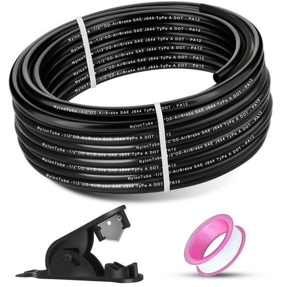 1/2" OD x 50FT DOT Air Line Tubing Kit Black SAE J844 PA12 Nylon Air Brake Hose with Cutter and Teflon Tape for Trailer Trucks RV Braking Systems or Fluid Transfer