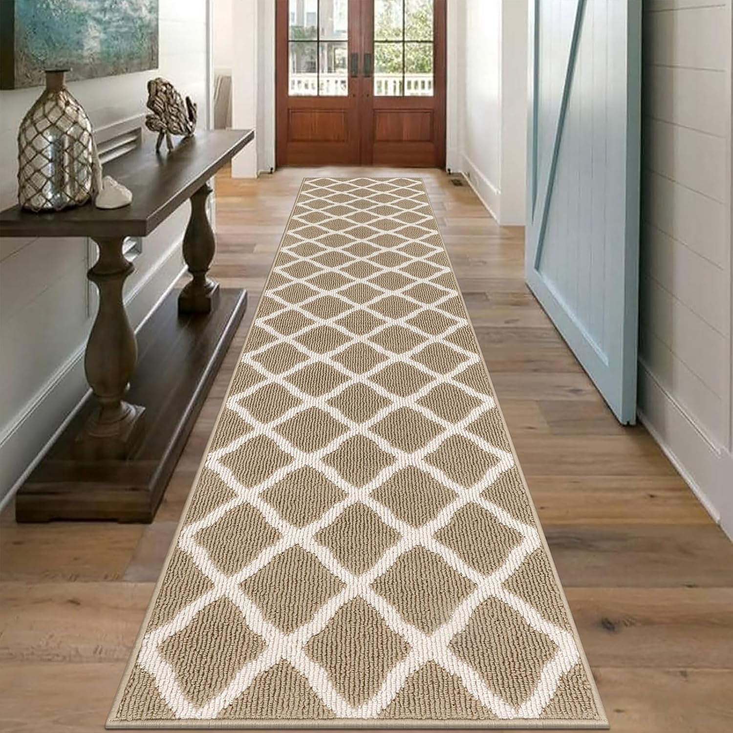 Extra Long Hallway Runner Rugs 2x10 ft Indoor Washable Rug Runner Non Slip Rubber Backing Resist Dirt Kitchen Runner Rug Hall Entryway Carpet Runners, Beige