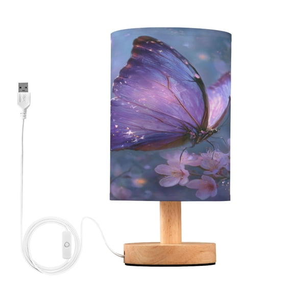 WOBOGO Sakura Purple Butterfly Bedroom Table Lamp USB Power Connector Wooden Base Round Linen Shade For Living Room Desk