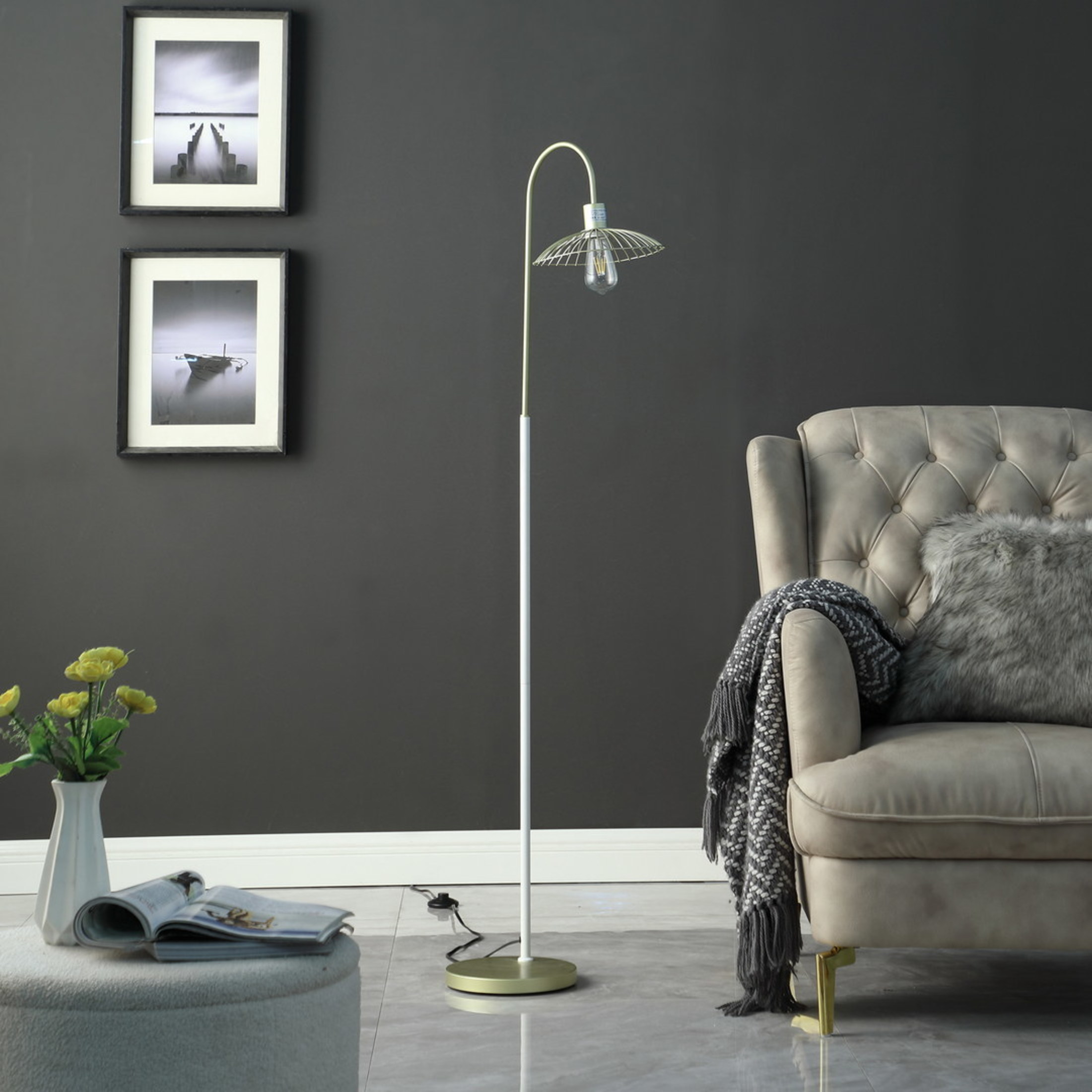 Noble House 64.25" Industrial Cage Floor Lamp, Satin Shade, White Pole, E26 Light Bulb, Matte Gold and White