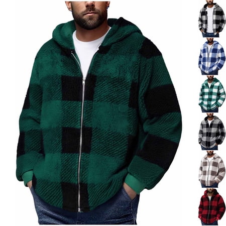 Men s Casual Plaid Sherpa Fleece Zip Up Jacket Hooded Cozy Double Sided Plush Coat for Cold Weather Winter Daily Loungewear Travel Army Green XXXL
