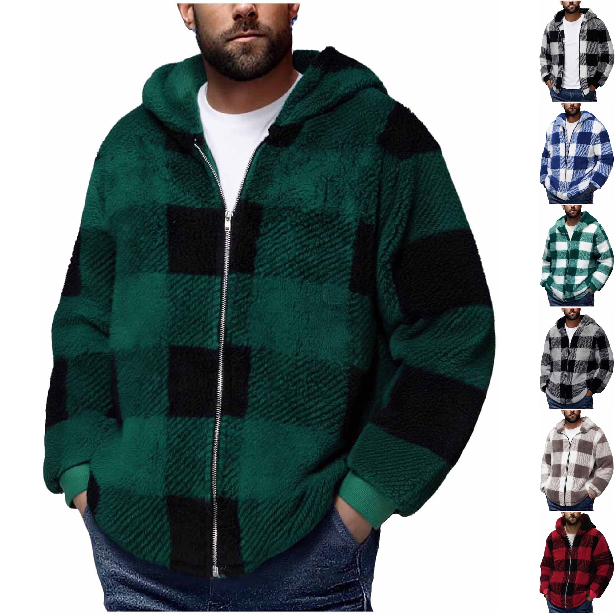 Men s Casual Plaid Sherpa Fleece Zip Up Jacket Hooded Cozy Double Sided Plush Coat for Cold Weather Winter Daily Loungewear Travel Army Green XXXL