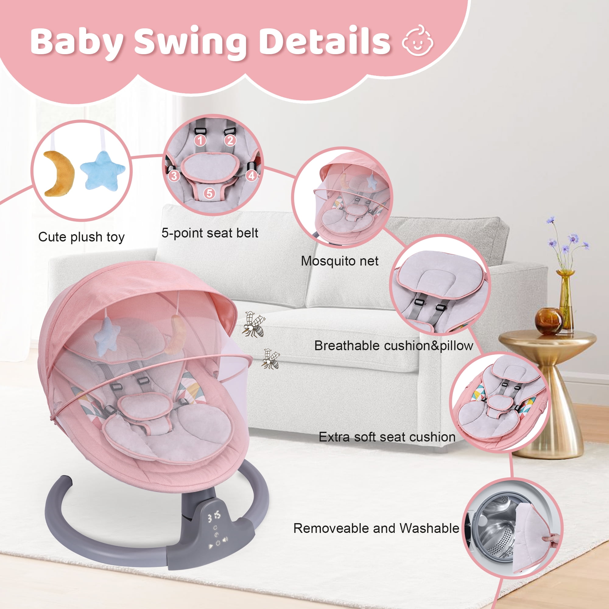 Baby Swing,HDJ Baby Swing for Infants,Portable Electric Baby Rocker with 5 Sway Speed,10 Preset Songs,Remote Control,Bluetooth Music,Pink