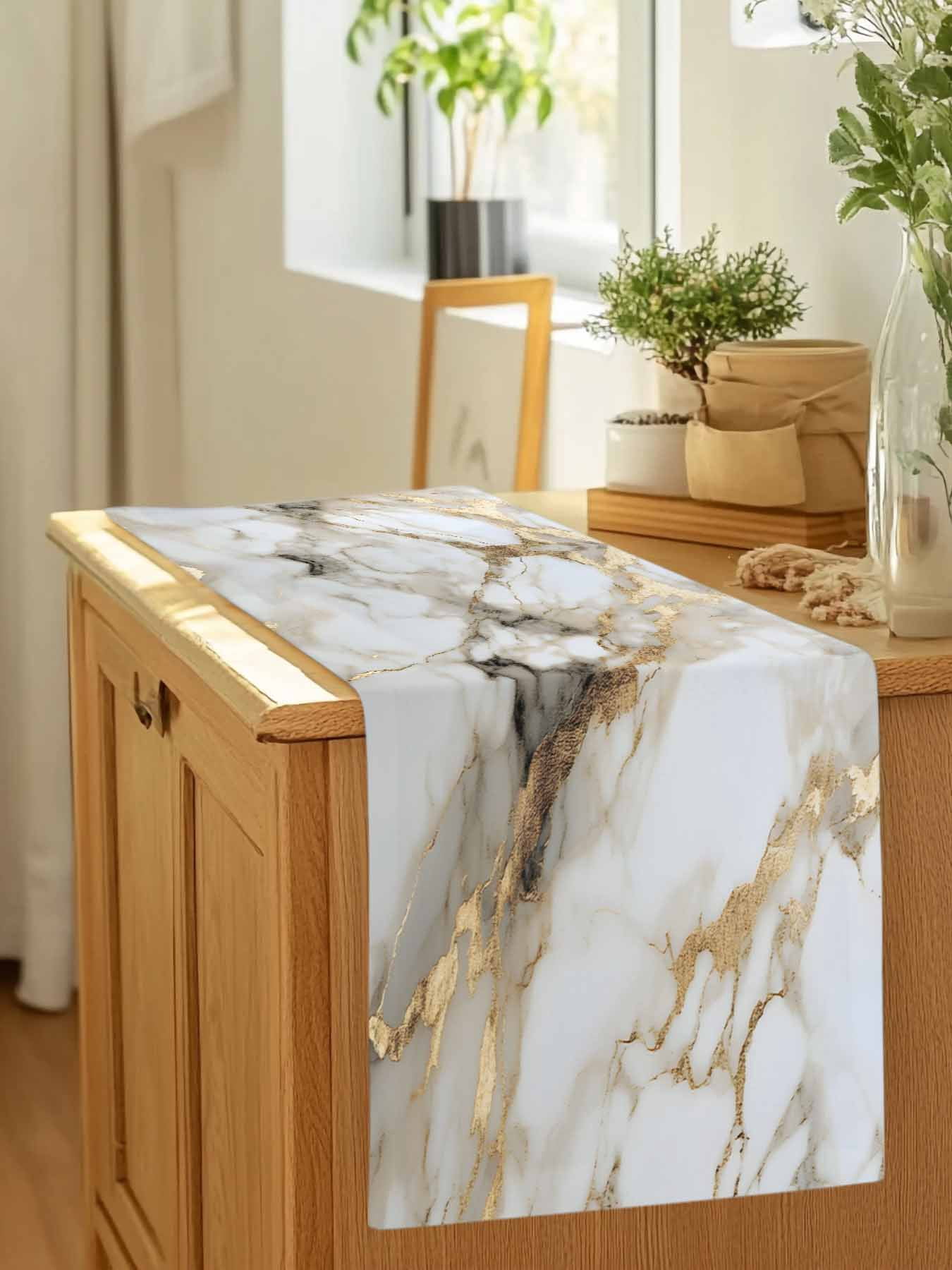 Abstract Natural Art Marble Pattern Table Runner 90 Inches Long, Stone Texture Gpld Stripe Table Runners Tabletop Scarf Kitchen Dining Tables Decoration for Home Party Indoor Outdoor