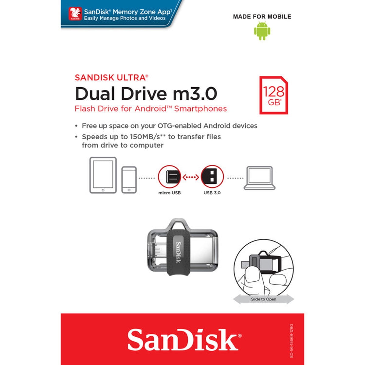 SanDisk 128GB Ultra Dual m3.0 USB 3.0 and Micro USB Flash Drive, Up to 150MB/s Read Speed